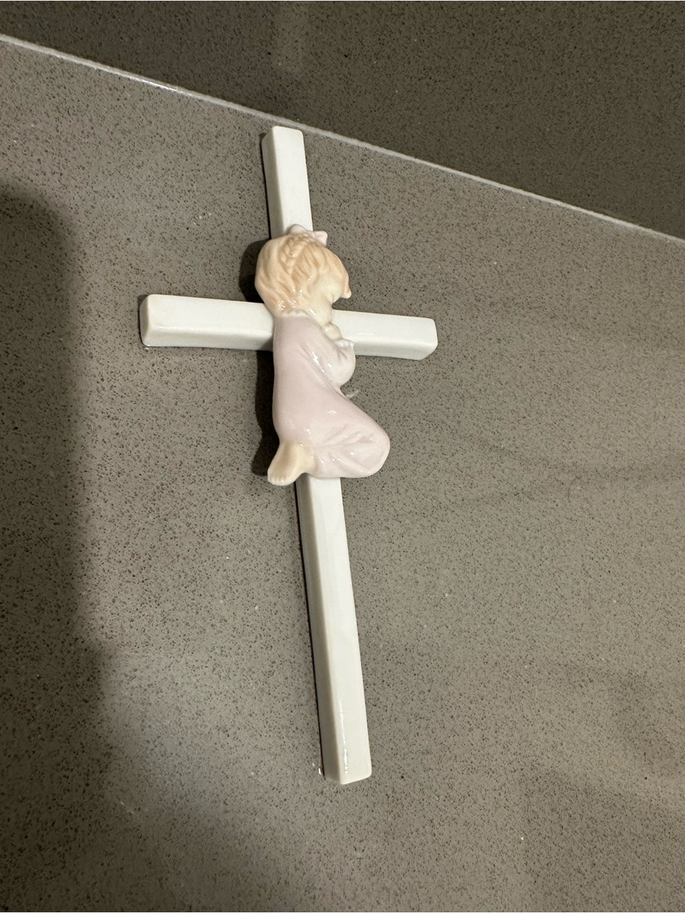 Vintage White Cross Wall Decor with Pink Praying Child Accent 1996
